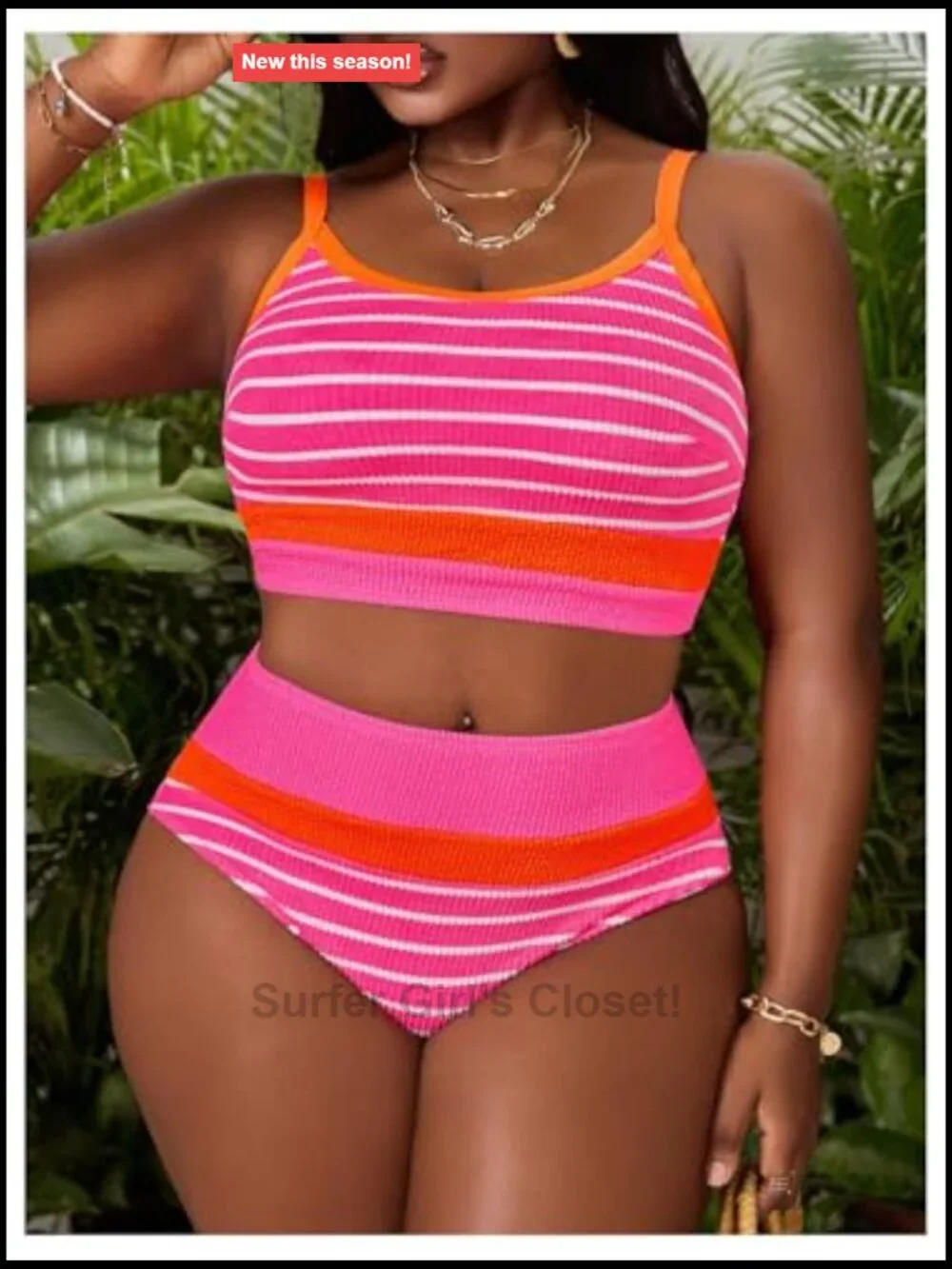 Plus Size Contrast Striped Ribbed Knit Bikini Set Tummy Control Swimsuit